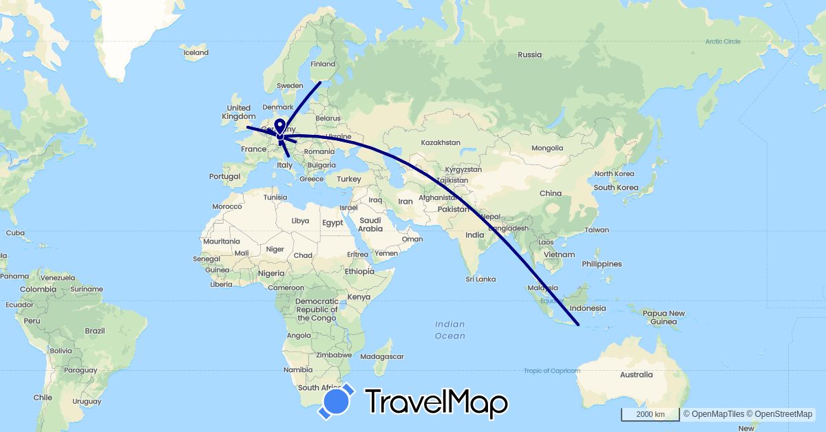 TravelMap itinerary: driving in Austria, Germany, Finland, United Kingdom, Croatia, Indonesia (Asia, Europe)